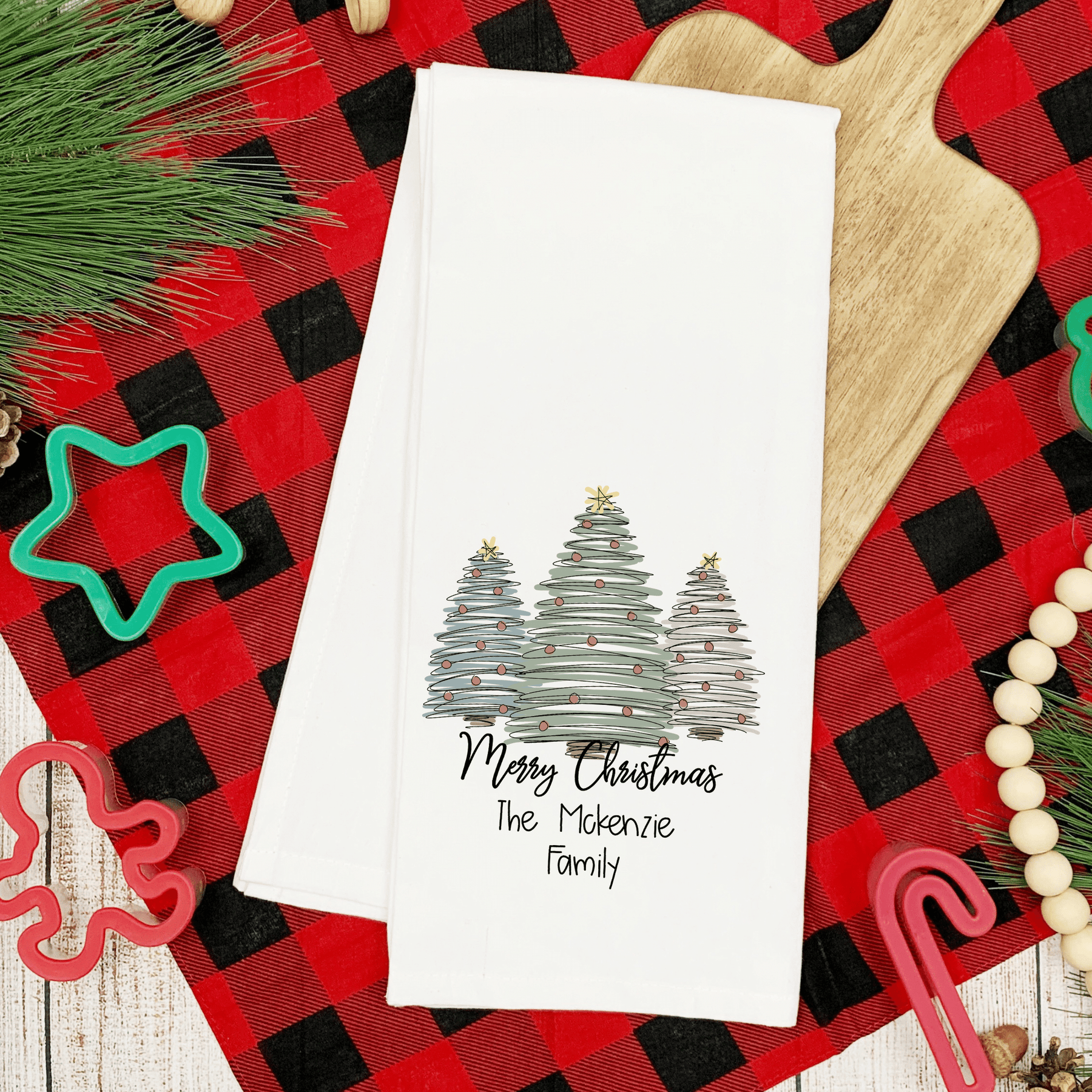 Lil Green Rhino tea towel christmas PASTEL CHRISTMAS TREE TEA TOWEL