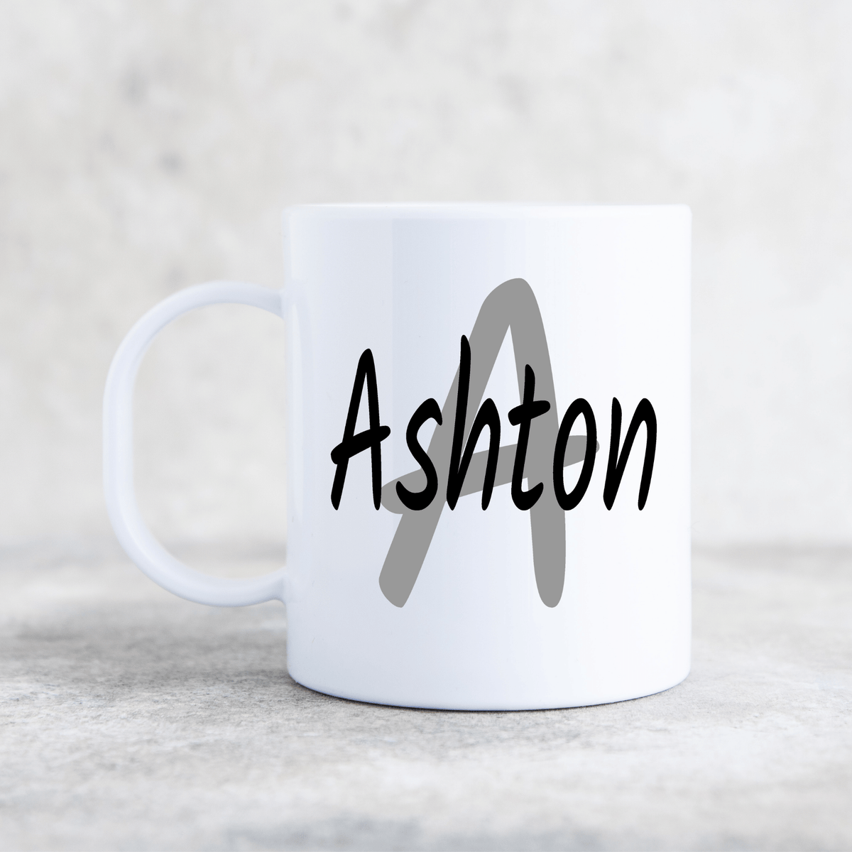 BLACK AND GREY PLASTIC MUG