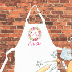Lil Green Rhino floral apron FLORAL WREATH LETTER APRON